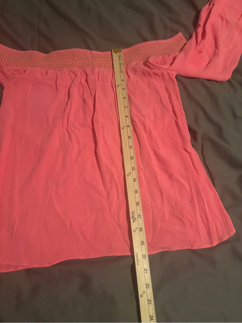 Lilly Pulitzer Womens L Coral Pink Off Shoulder Blouse Gold Smocked Bell Sleeve